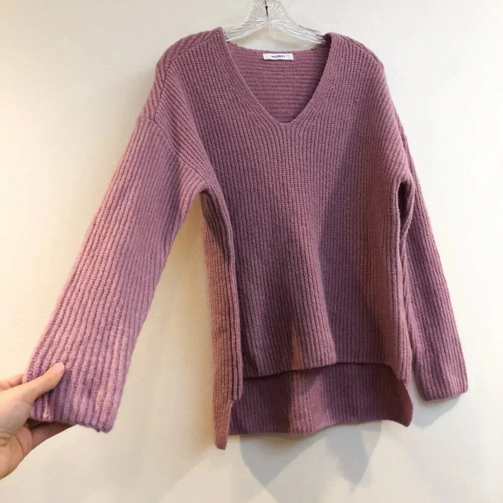 Moussy Pink V Neck Knit Designer Classic Pullover Jumper Sweater Women's OS